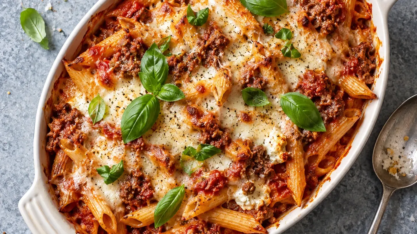 Gratin de penne au ragù de bœuf et mozzarella