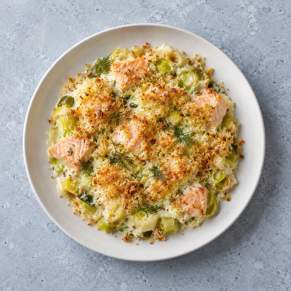 Gratin de poireaux au saumon : poireaux fondants et dés de saumon sous une sauce blanche, chapelure dorée et aneth.