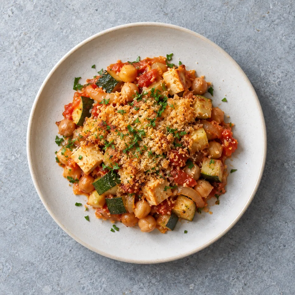 Gratin de pois chiches, courgettes et tofu : une portion à la tomate, couverte de chapelure dorée et de persil ciselé.