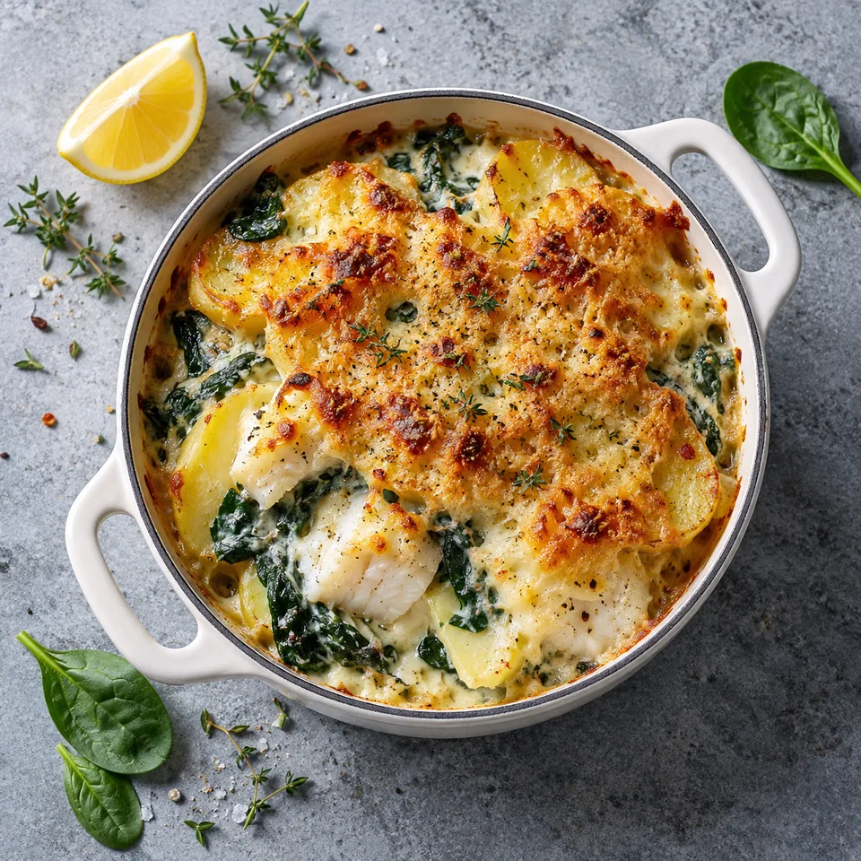 Gratin de poisson blanc aux épinards et pommes de terre : portion dans une cocotte blanche avec croûte de fromage dorée.