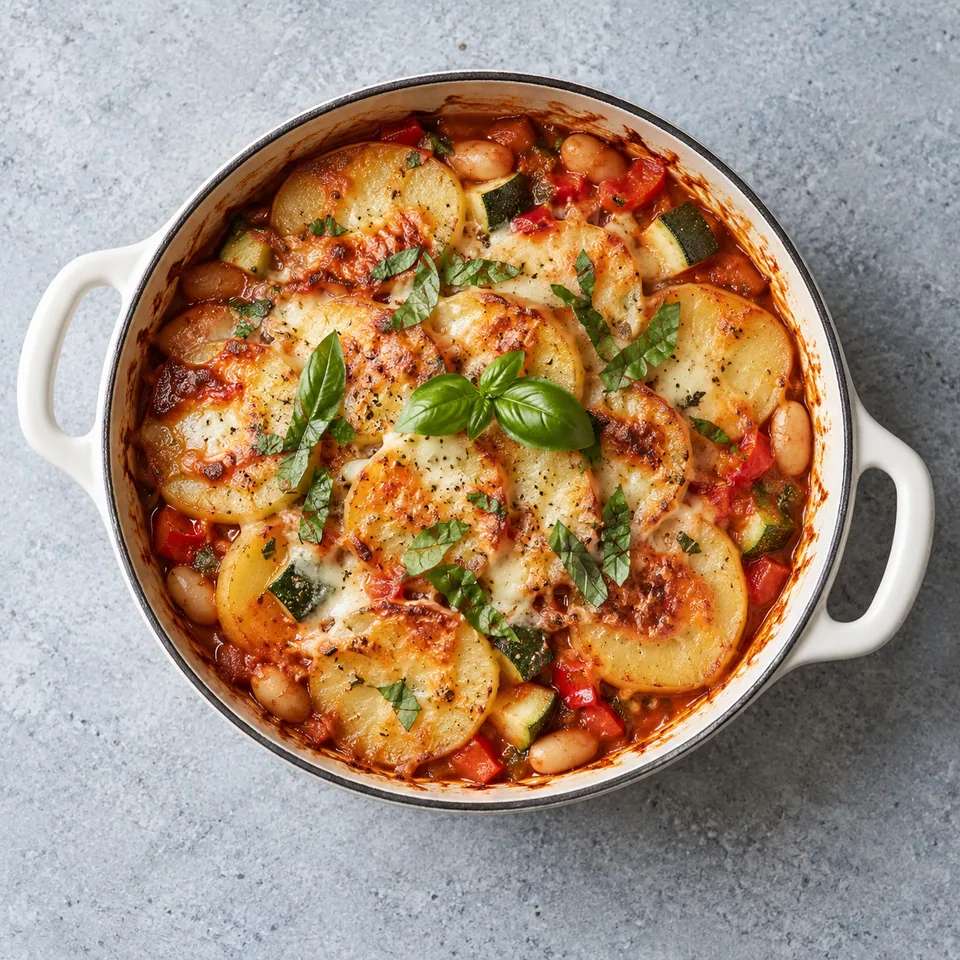Gratin de pommes de terre à la tomate dans une cocotte blanche : rondelles de pommes de terre, haricots, légumes dés, mozzarella dorée et basilic.