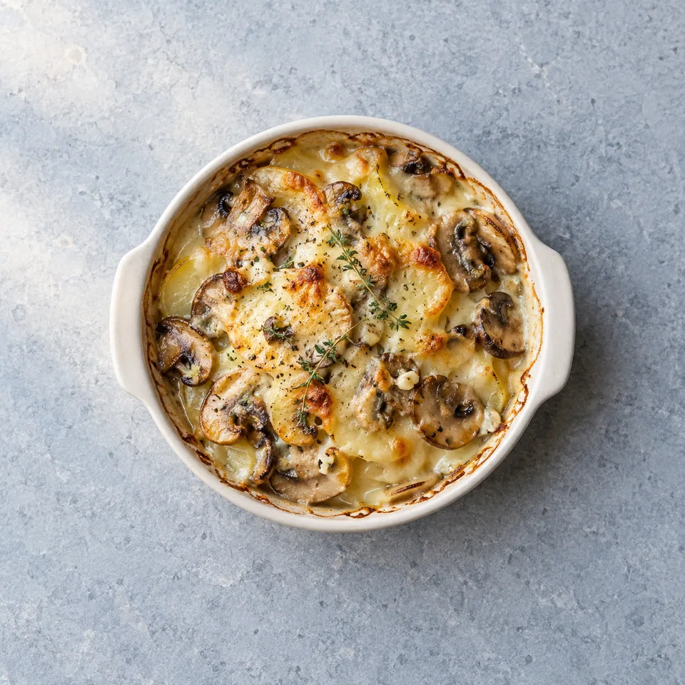Gratin de pommes de terre aux champignons, portion individuelle nappée de sauce blanche et gratinée de fromage doré.