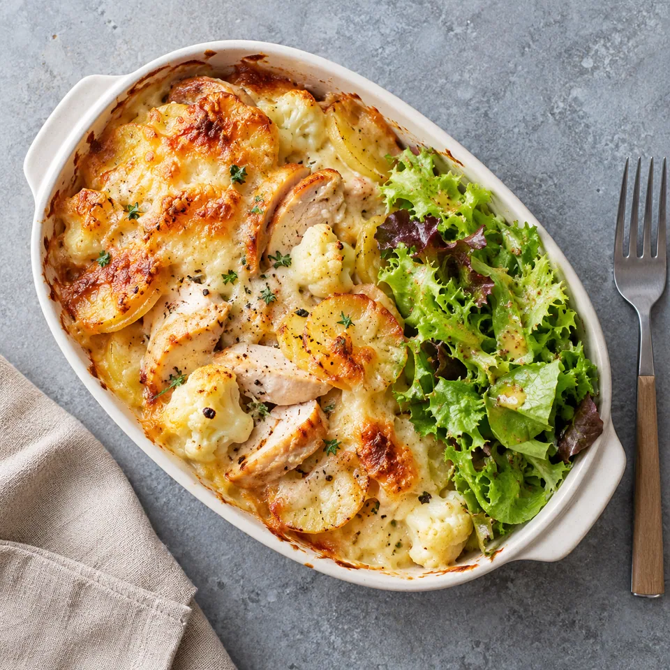 Gratin de pommes de terre, dinde et salade : portion de gratin doré et crémeux avec dinde rôtie et salade verte vinaigretée dans un plat ovale blanc.