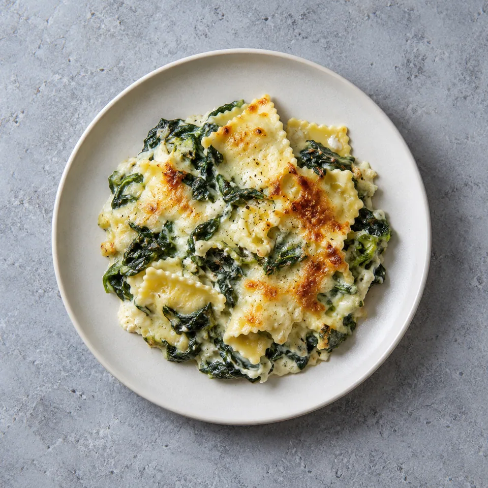 Gratin de ravioles aux épinards : une demi-recette servie en assiette, ravioles ivoire, épinards verts et surface légèrement dorée.
