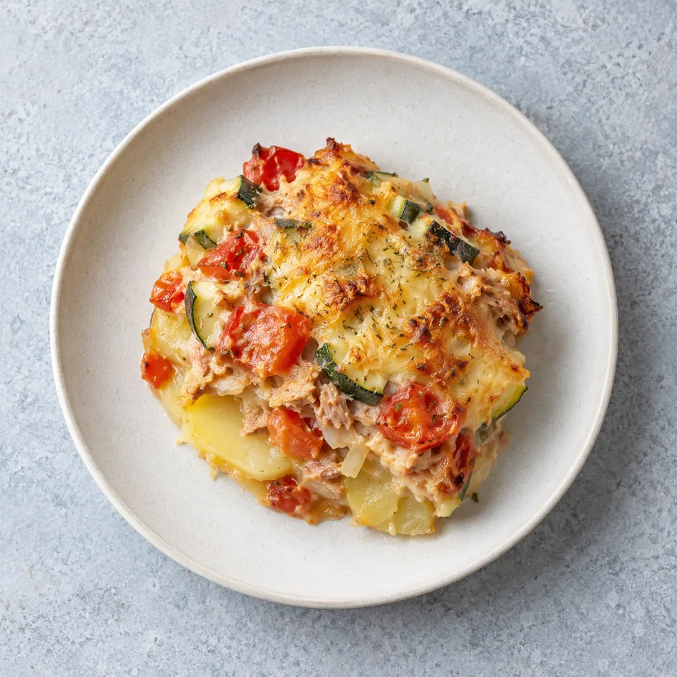 Gratin de thon, tomate et pommes de terre : une part dorée, avec thon émietté, tomates rouges, courgettes et rondelles à la base.