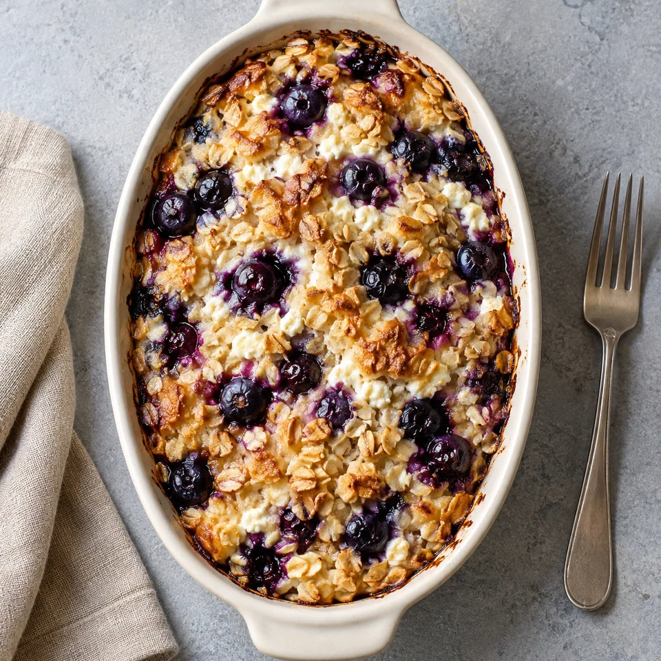 Gratin du matin aux myrtilles et cottage cheese : portion dorée et fondante avec myrtilles violettes visibles sur un plat ovale blanc cassé.