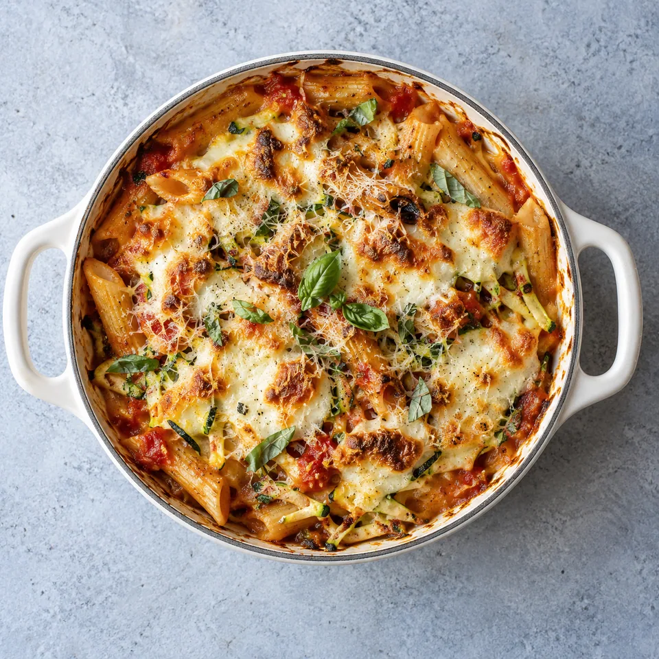 Gratin tomate-mozzarella aux courgettes cachées : portion de pânes dorées et croustillantes dans une cocotte blanche.