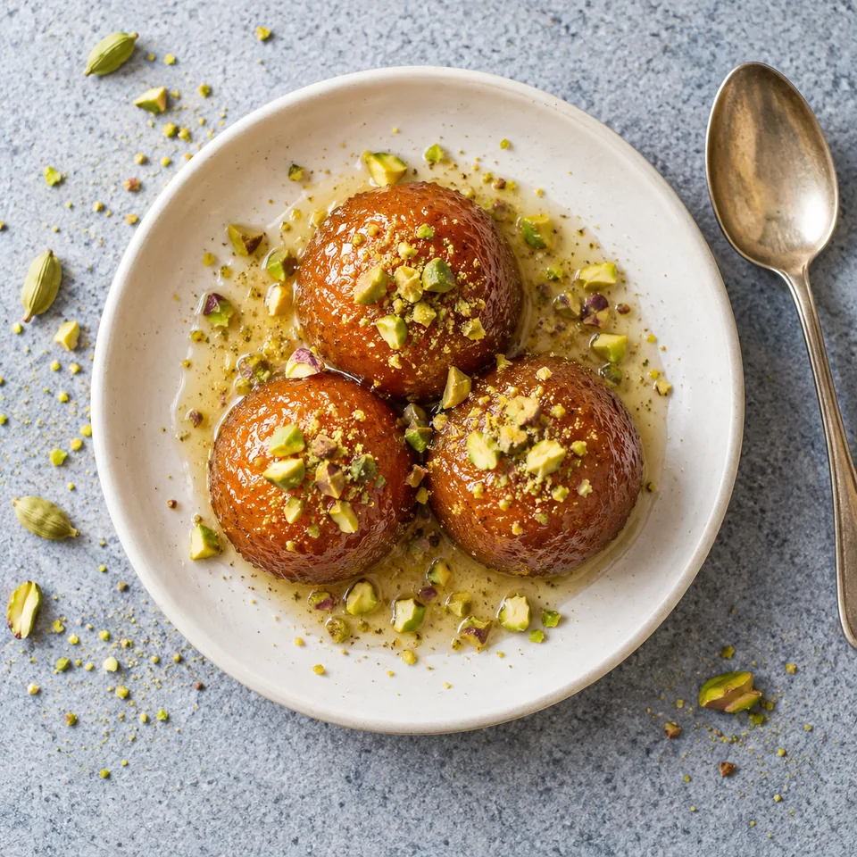Gulab jamun au four : trois boules dorées et brillantes, nappées de sirop et parsemées de pistaches vertes, sur une petite assiette blanche.