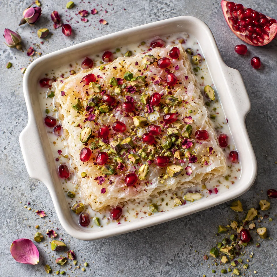 Portion de güllaç à la rose dans un ramequin blanc, garnie de grenade rouge et pistaches vertes.