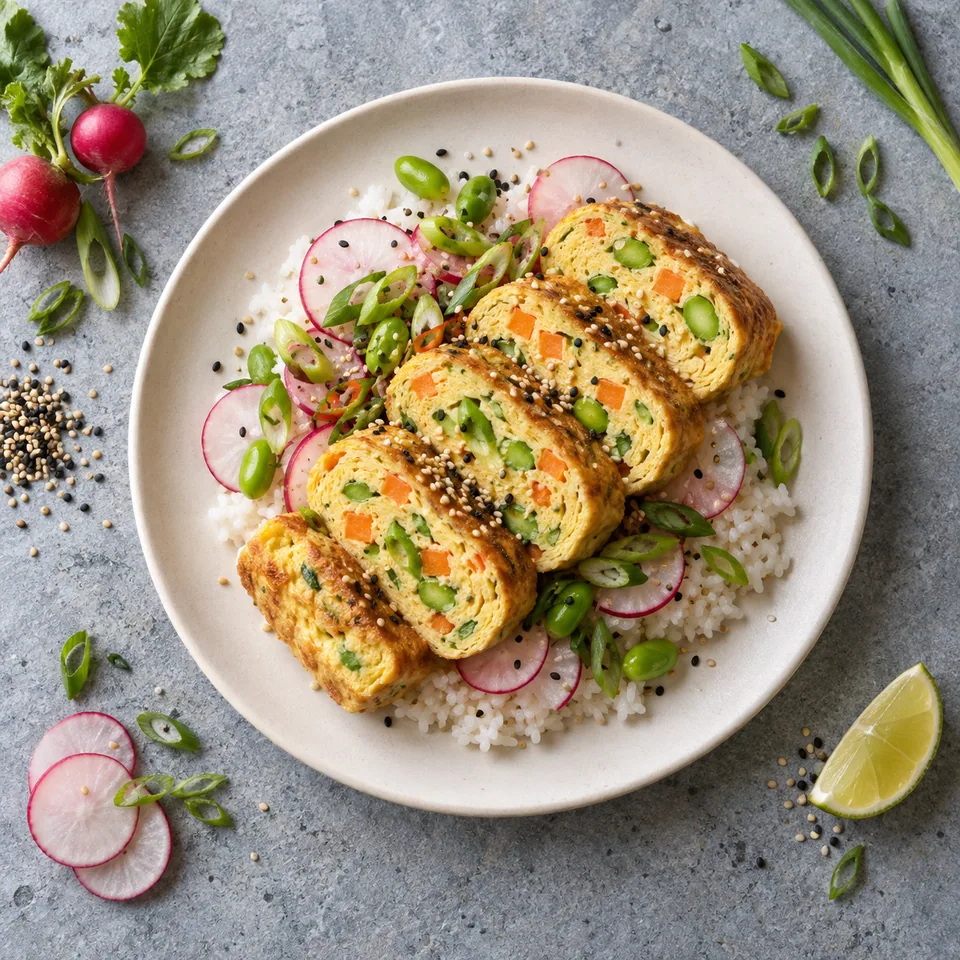 Portion de Gyeran mari : omelette roulée aux légumes sur riz, garnie de radis et sésame.