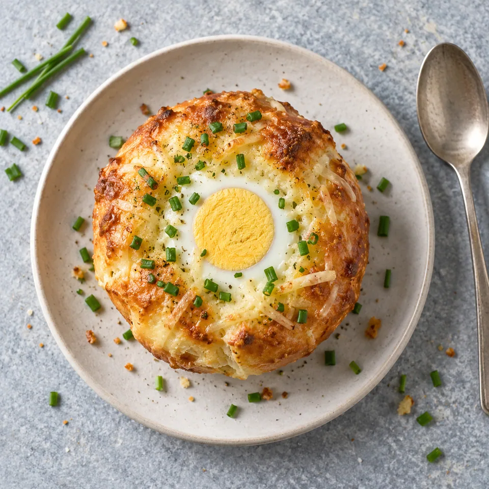 Gyeran-ppang : muffin doré à l'œuf cuit, garni de fromage fondu et ciboulette verte sur assiette blanche.