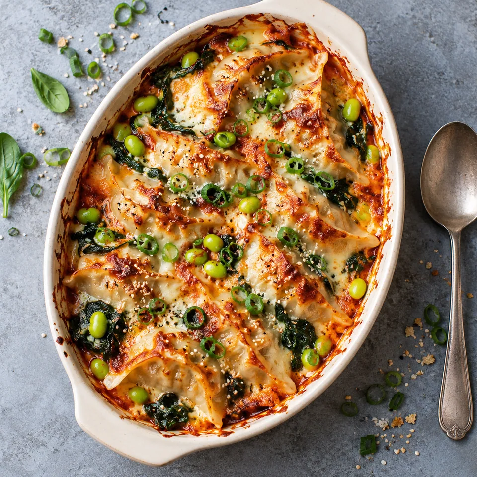 Portion de gyozas gratinés façon lasagnes dans un plat blanc, sauce rouge, mozzarella dorée, edamame verts et sésame.