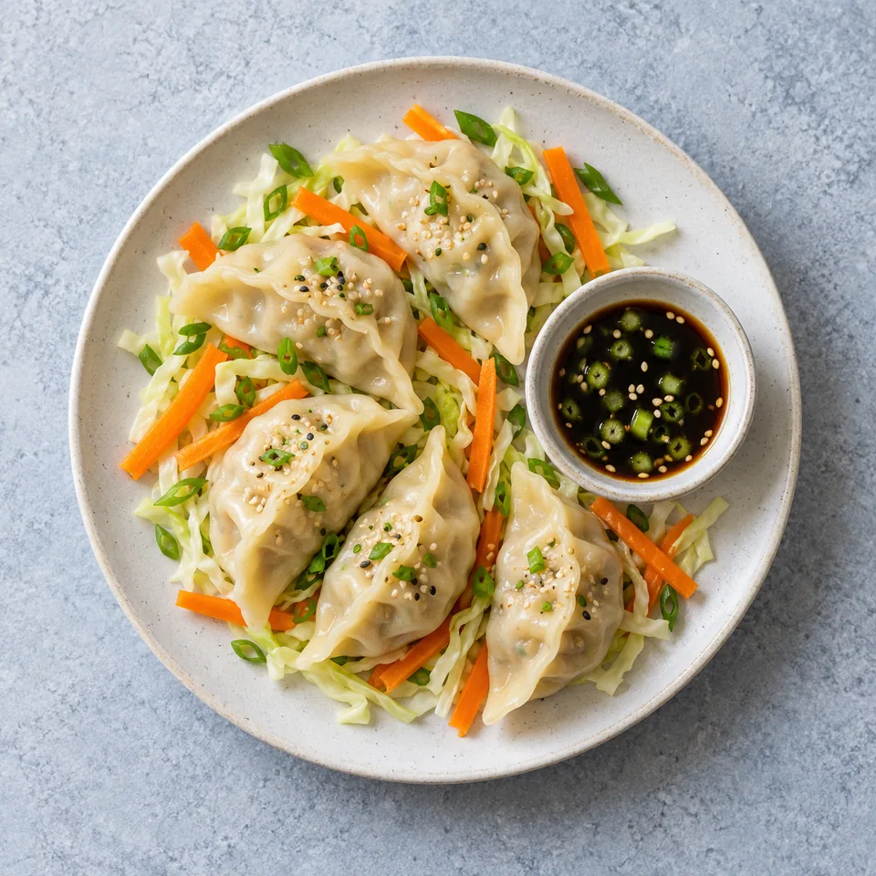 Gyozas vapeur au poulet au centre, entourés de chou et de carotte, avec un petit bol de sauce à côté.