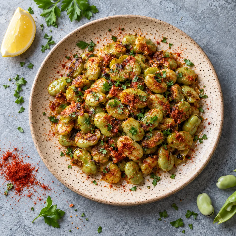 Habas fritas au paprika : fèves dorées et croustillantes saupoudrées de paprika rouge sur une assiette en grès beige.