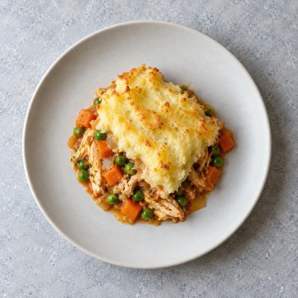 Hachis de poulet aux carottes et petits pois : portion couverte de purée dorée, garniture orange et verte visible sur les bords.