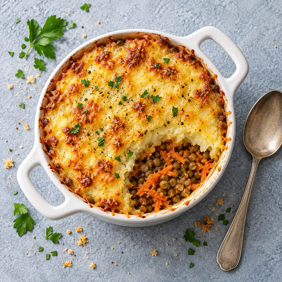 Hachis parmentier aux lentilles et carottes dans une petite cocotte blanche, surface dorée et gratinée.