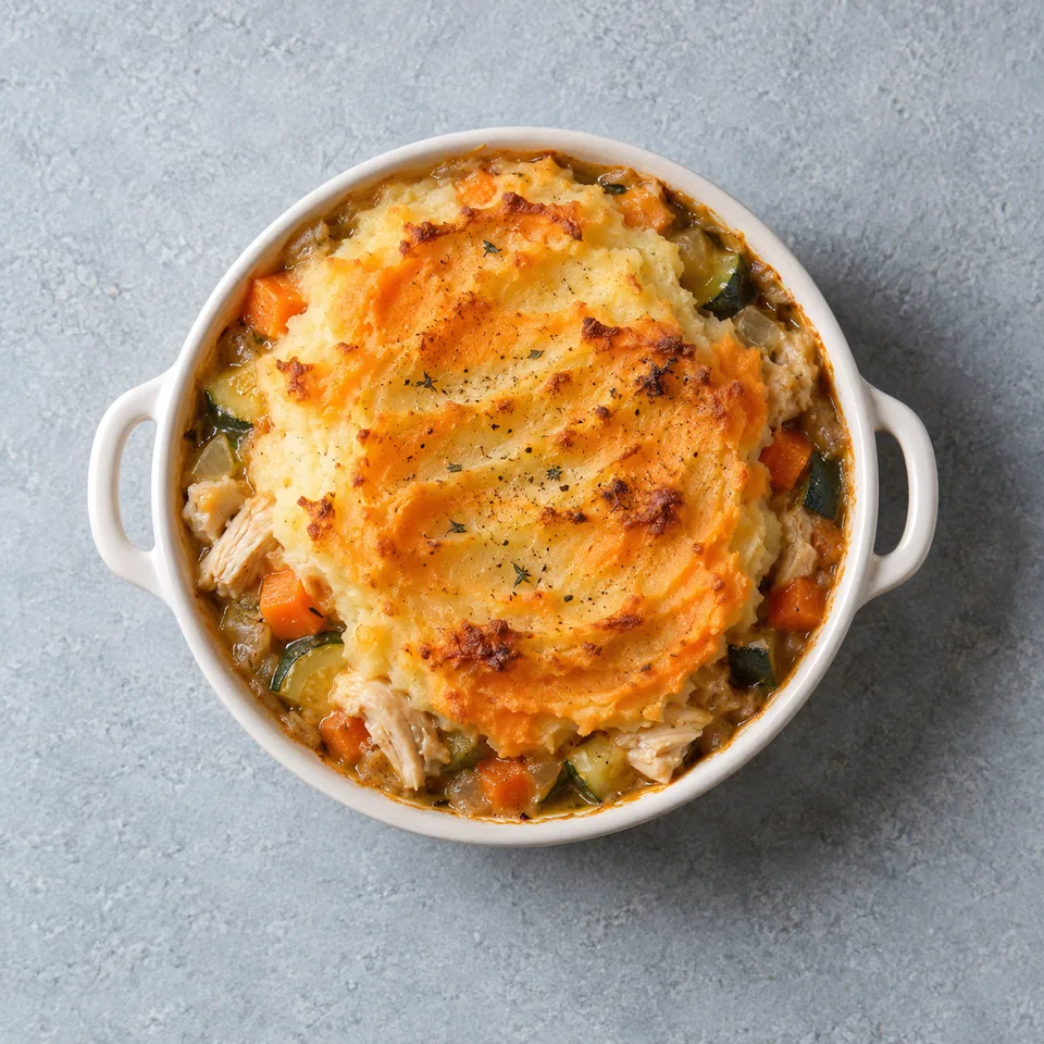 Hachis parmentier de poulet : portion individuelle gratinée, purée de pommes de terre et patate douce sur poulet et légumes.