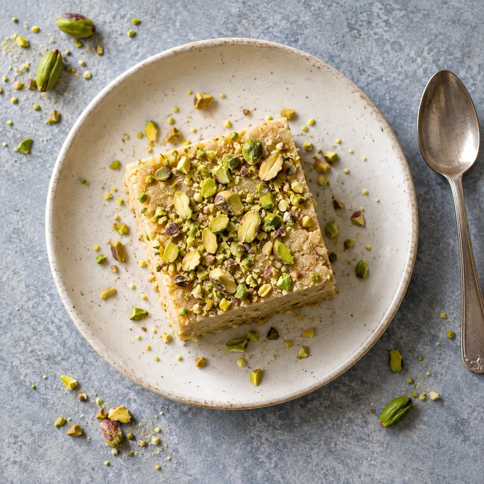 Un carré de halva beige au tahini et pistaches sur une assiette blanche, garni de morceaux verts.