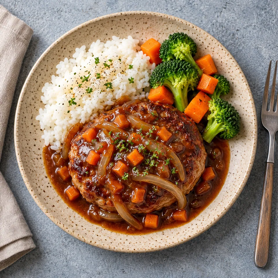 Hamburg steak japonais nappé de sauce soja et oignons, servi avec riz et légumes sur assiette beige.