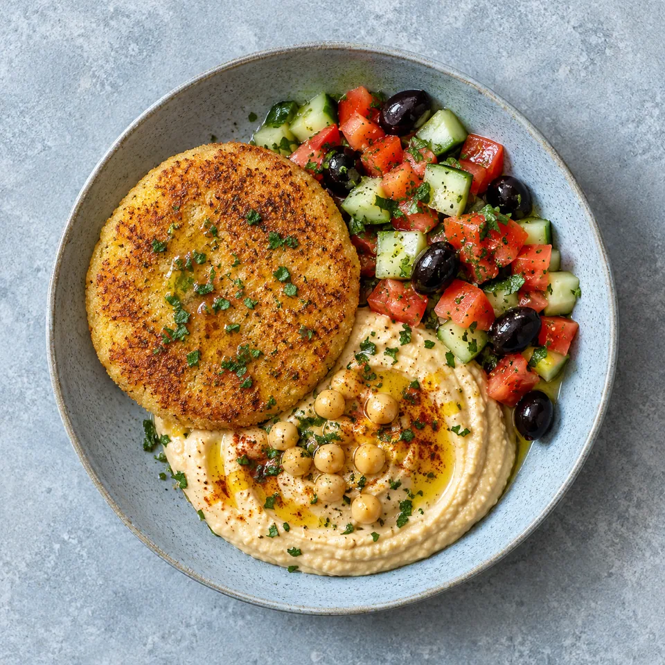 Harcha à l’huile d’olive, tomates, olives et concombre : galette dorée, crème de pois chiches, légumes frais et olives.