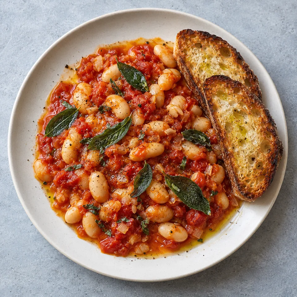 Haricots blancs à la tomate et à la sauge servis sur une assiette blanche avec du pain grillé doré.