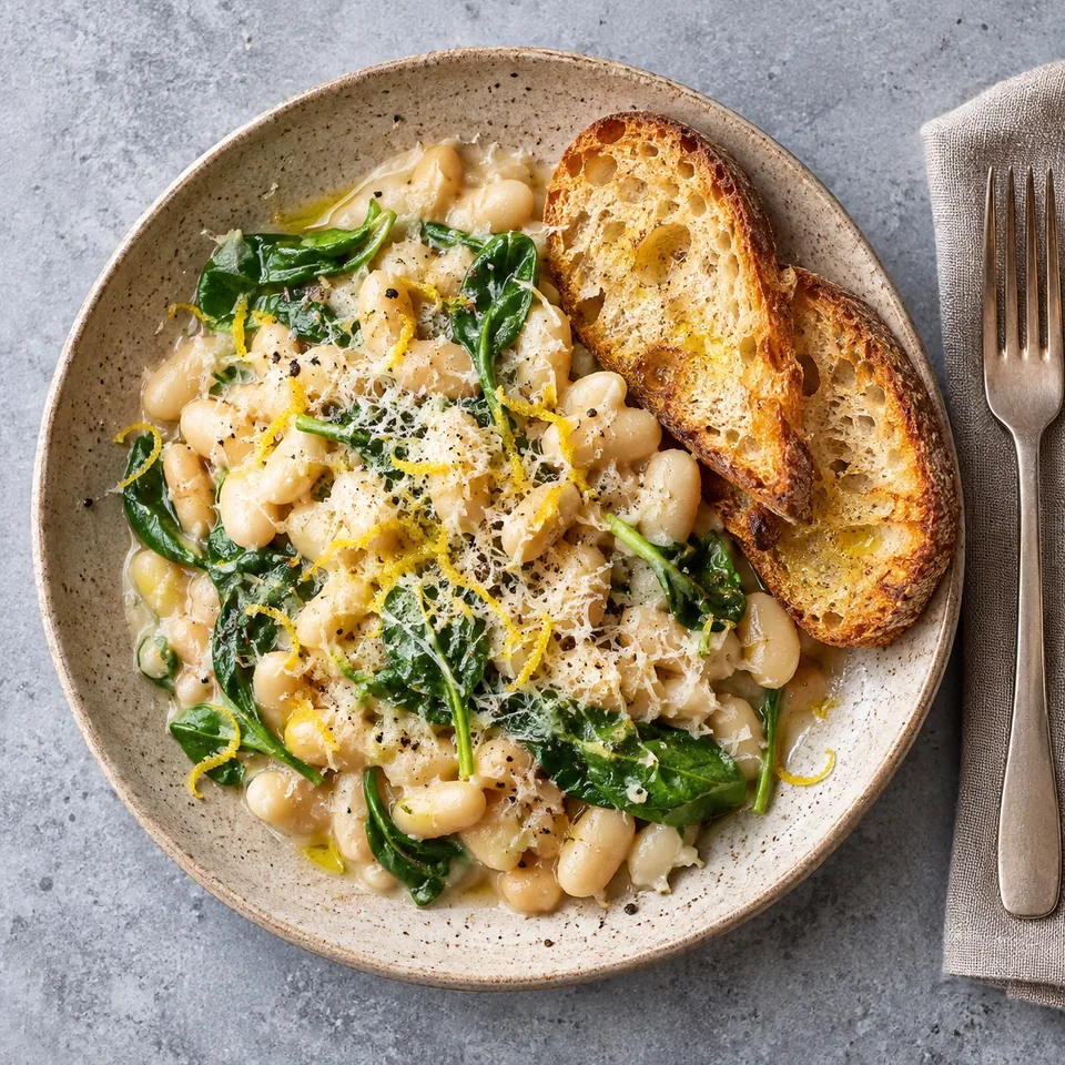 Haricots blancs cacio e pepe sur assiette beige avec épinards et pain grillé