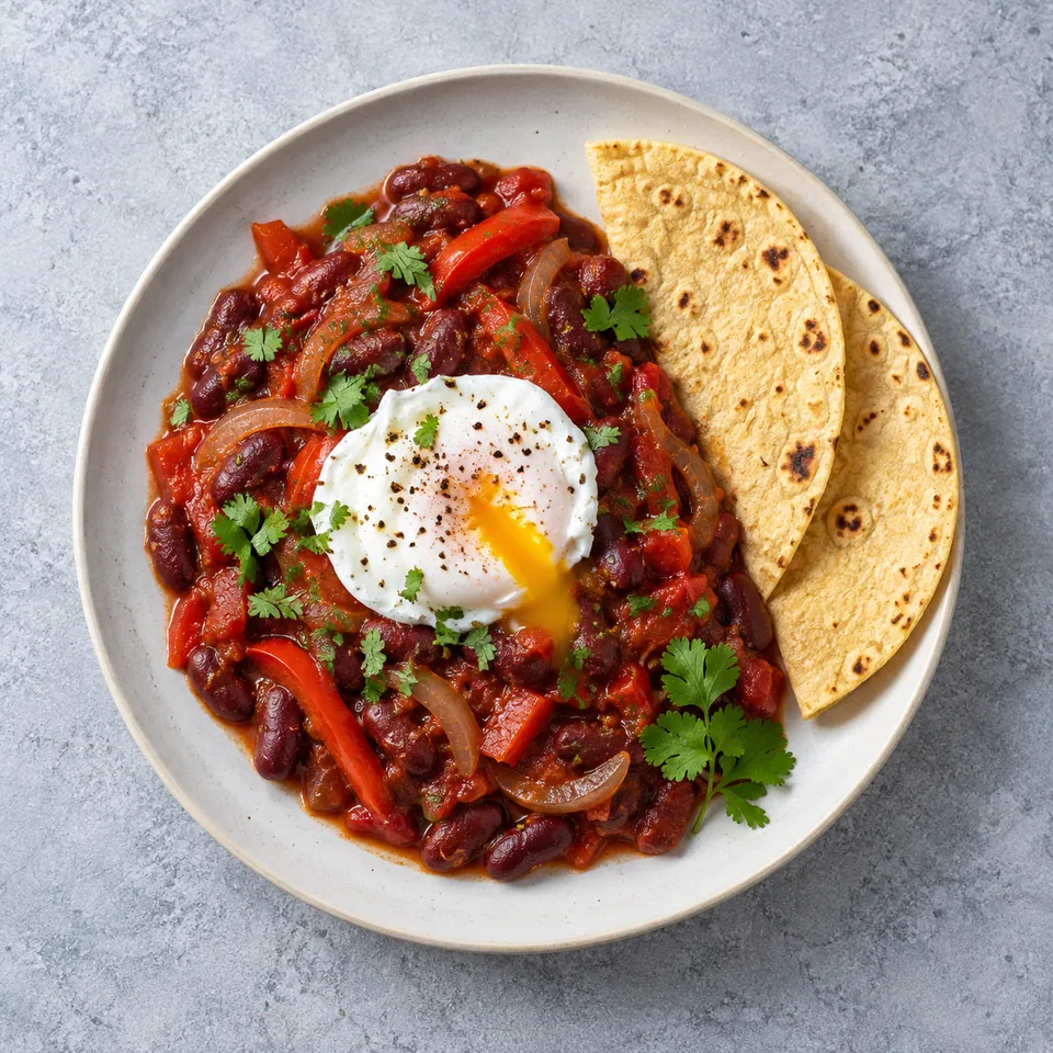 Haricots rouges à la mexicaine en sauce tomate, poivron et oignon, avec un œuf poché et deux tortillas de maïs.