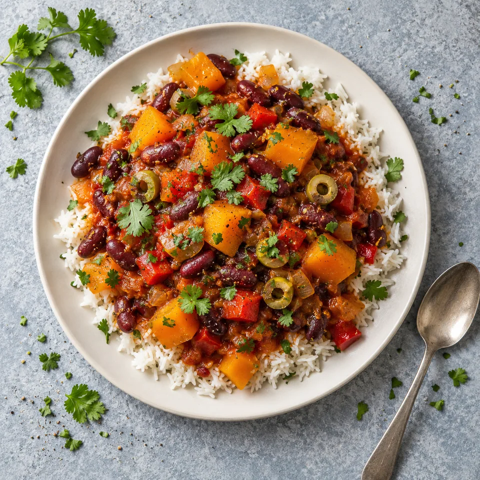 Assiette de riz aux haricots rouges, potiron et poivron, garnie de coriandre fraîche.