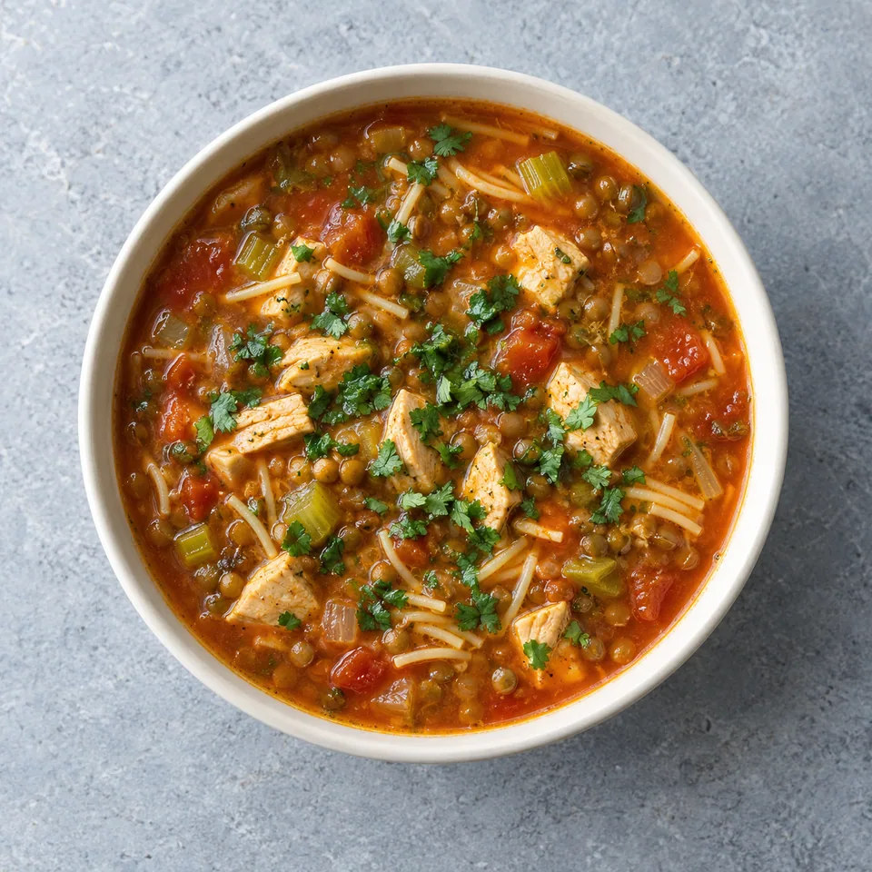 Harira au poulet et aux lentilles dans un bol, avec vermicelles, légumes et coriandre fraîche.