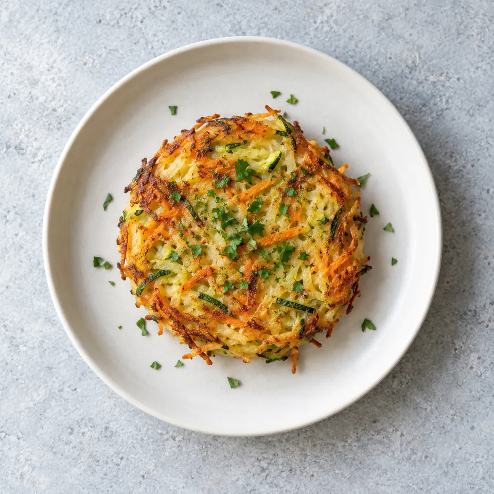 Galette de légumes râpés dorée et croustillante, parsemée de persil, servie sur une assiette blanche.