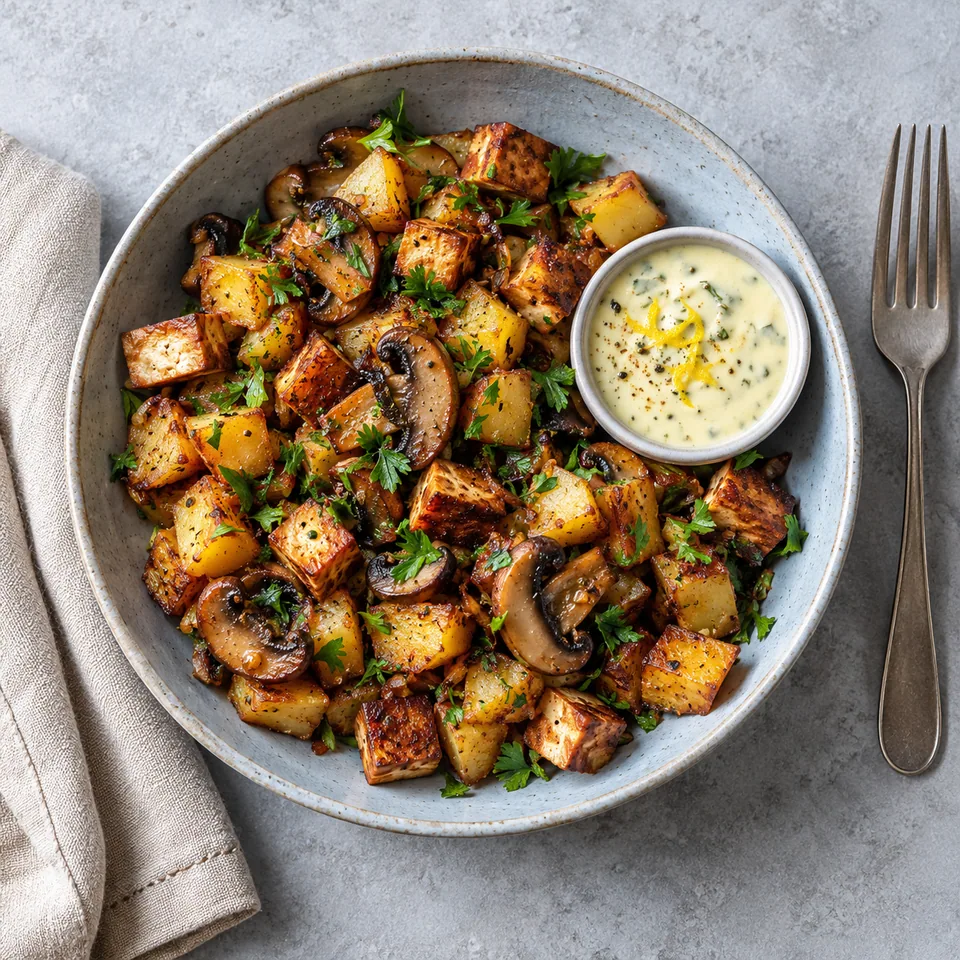Hash de pommes de terre, champignons et tofu fumé doré et croustillant sur une assiette bleue-gris, avec sauce citronnée.