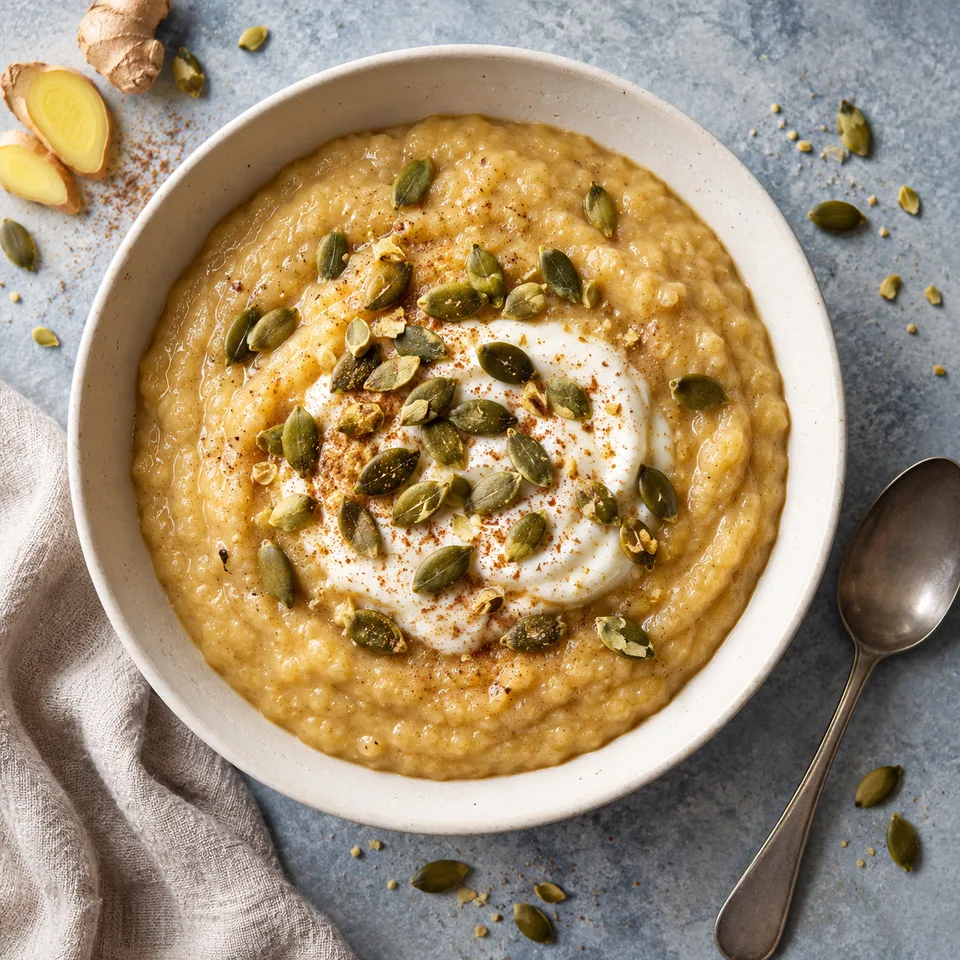 Bol de bouillie de millet beige doré, lisse et fondante, garnie de yaourt blanc crémeux et de graines de courge vertes croustillantes.