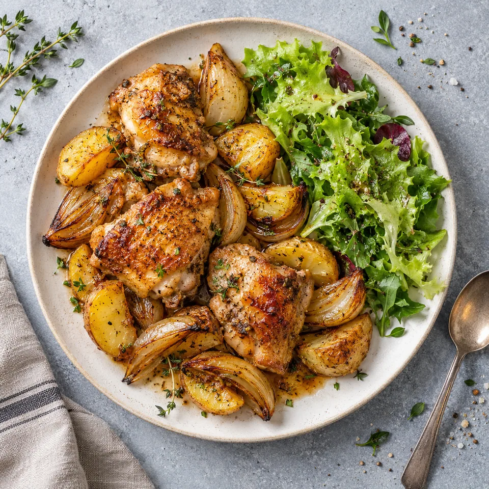 Assiette de hauts de cuisse rôtis, pommes de terre et oignons avec salade verte vinaigrée.