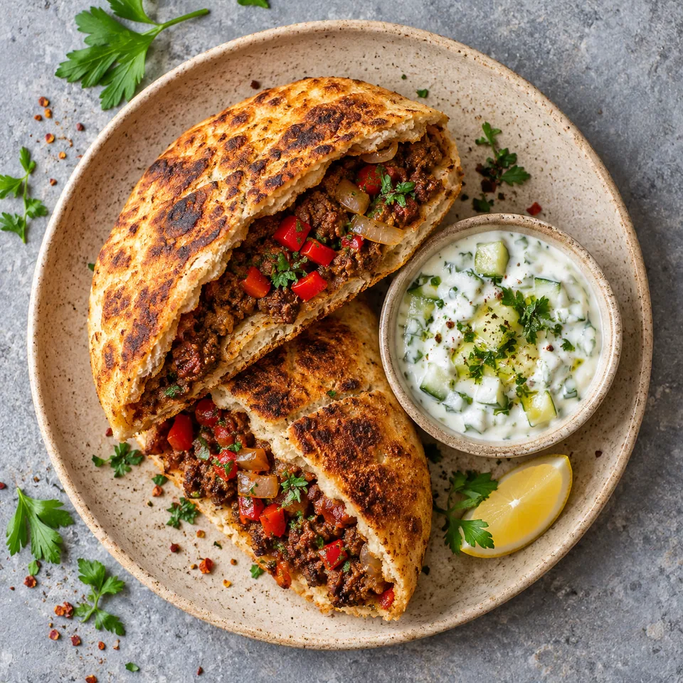 Hawawshi au bœuf épicé : pita dorée farcie de viande hachée et poivron rouge, accompagnée de sauce yaourt-concombre blanc.