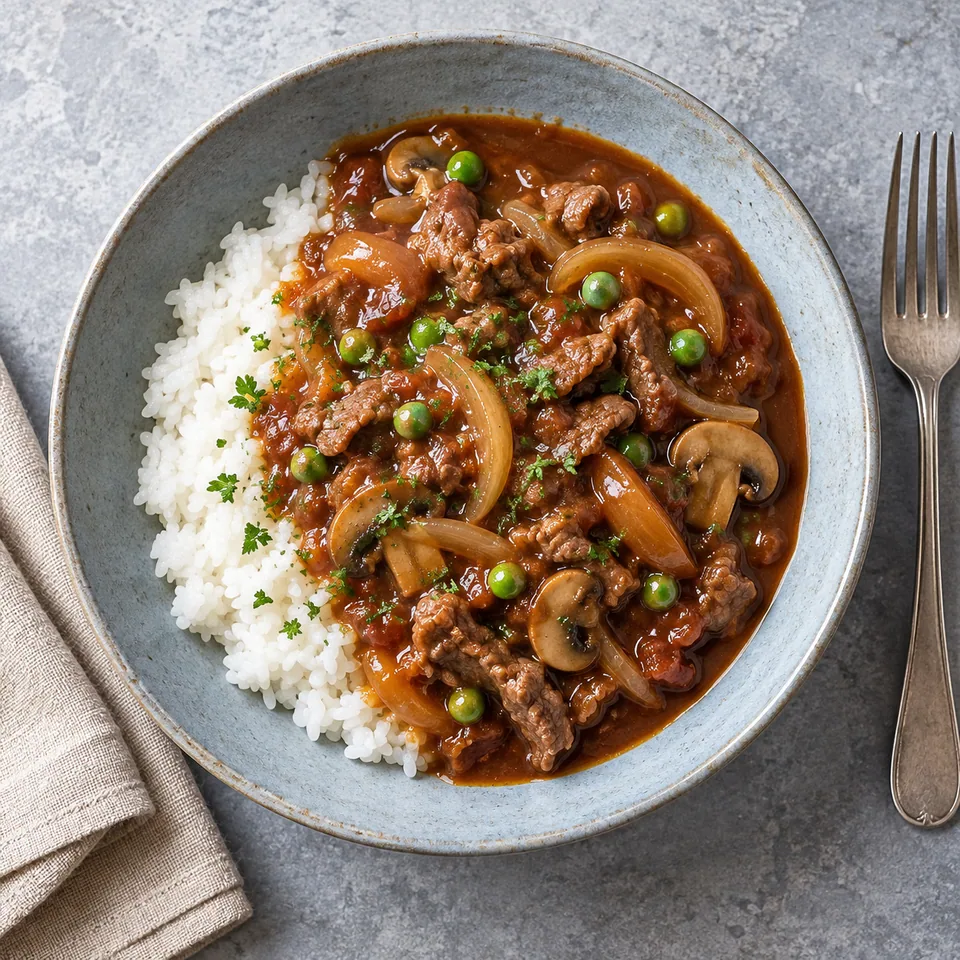 Hayashi rice : riz blanc nappé de bœuf, oignons et sauce brune avec pois verts sur assiette bleue.
