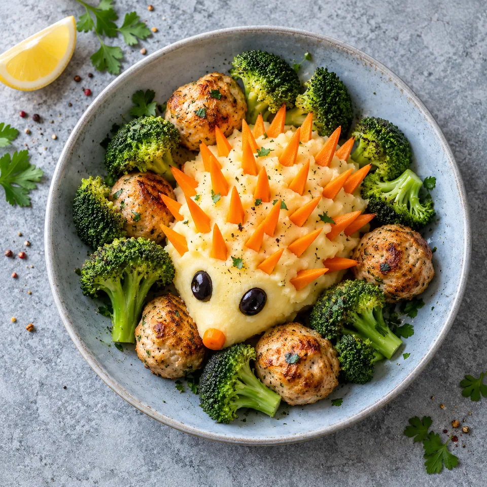 Assiette de hérisson de purée au poulet : purée en forme d'animal avec piquants de carottes, yeux d'olive, brocolis et boulettes de poulet.