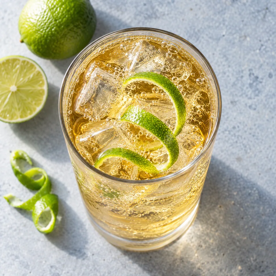 Highball japonais au whisky et citron dans un grand verre transparent avec glaçons et zeste de citron.