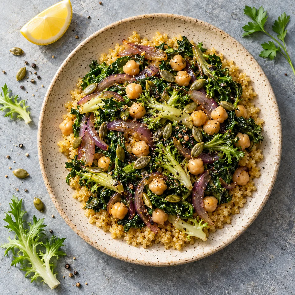 Assiette de quinoa, chicorée sautée, oignons rouges et pois chiches, parsemée de graines de courge.