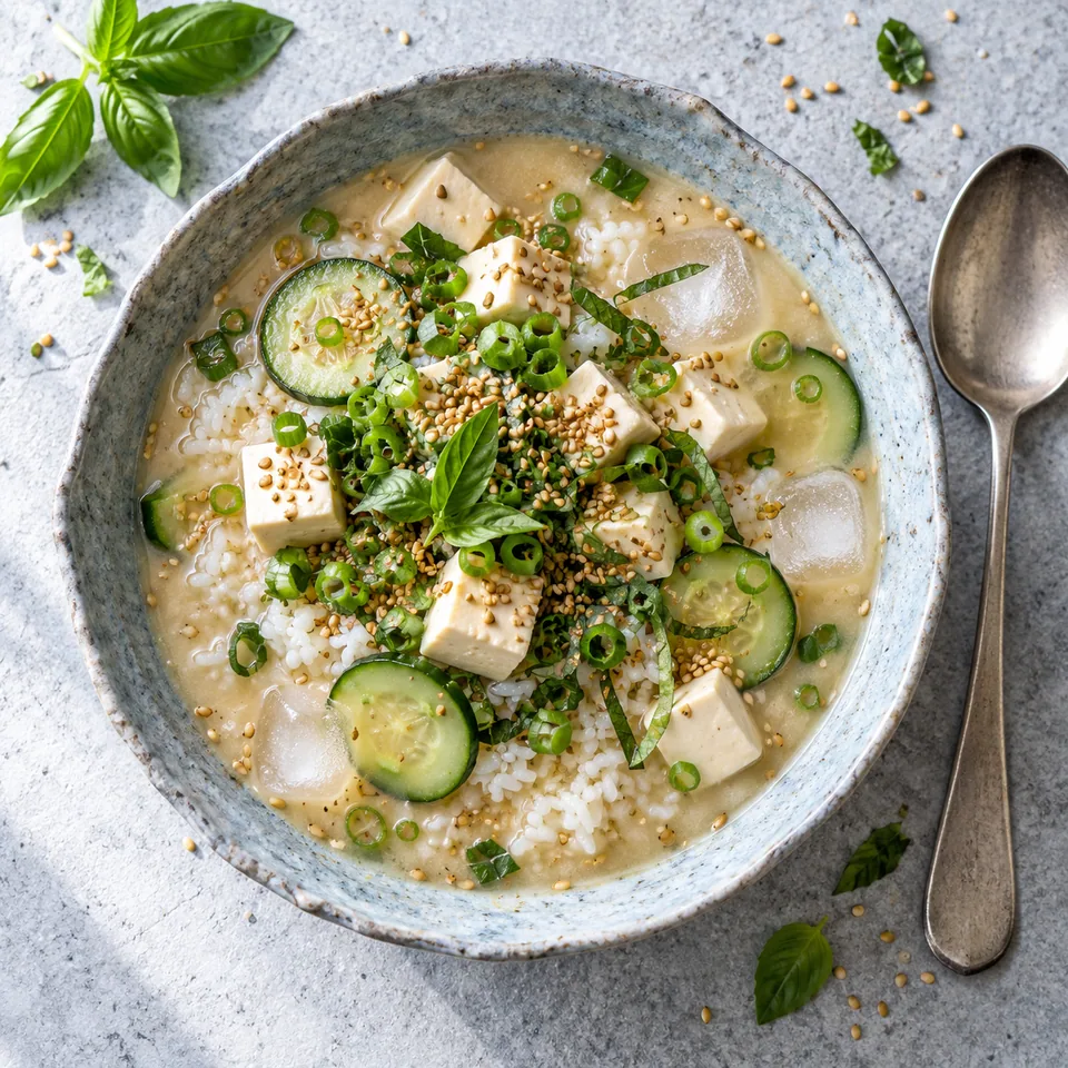 Hiyajiru, soupe miso glacée au tofu et concombre sur riz dans un bol en grès bleu-gris pâle aux bords irréguliers.