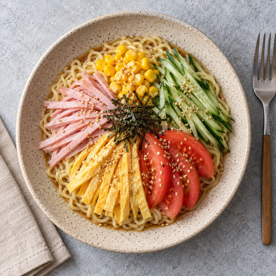Hiyashi chuka aux légumes d’été : nouilles froides, jambon, omelette, concombre, tomate et maïs sur assiette grès.