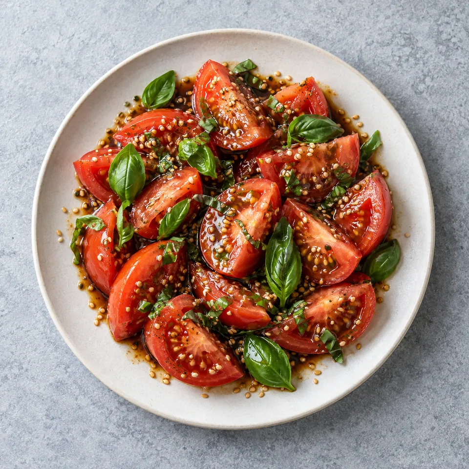 Hiyashi tomato : quartiers de tomates rouges nappés de sauce, parsemés de sésame doré et de basilic frais vert sur une assiette blanche.