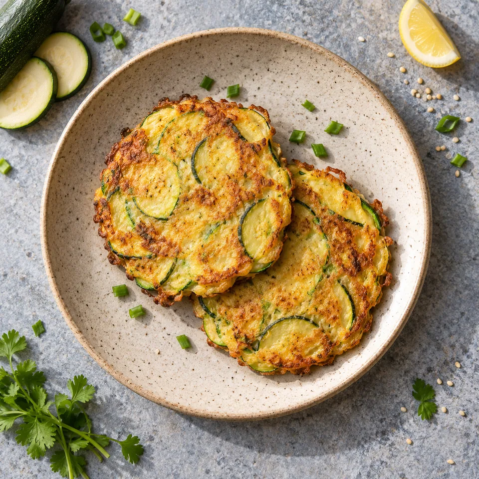Hobak jeon : deux galettes de courgette dorées et croustillantes sur une assiette en grès beige moucheté.