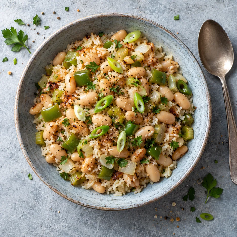 Hoppin’ John aux haricots blancs et poivron servi sur une assiette creuse en grès bleu-gris pâle.