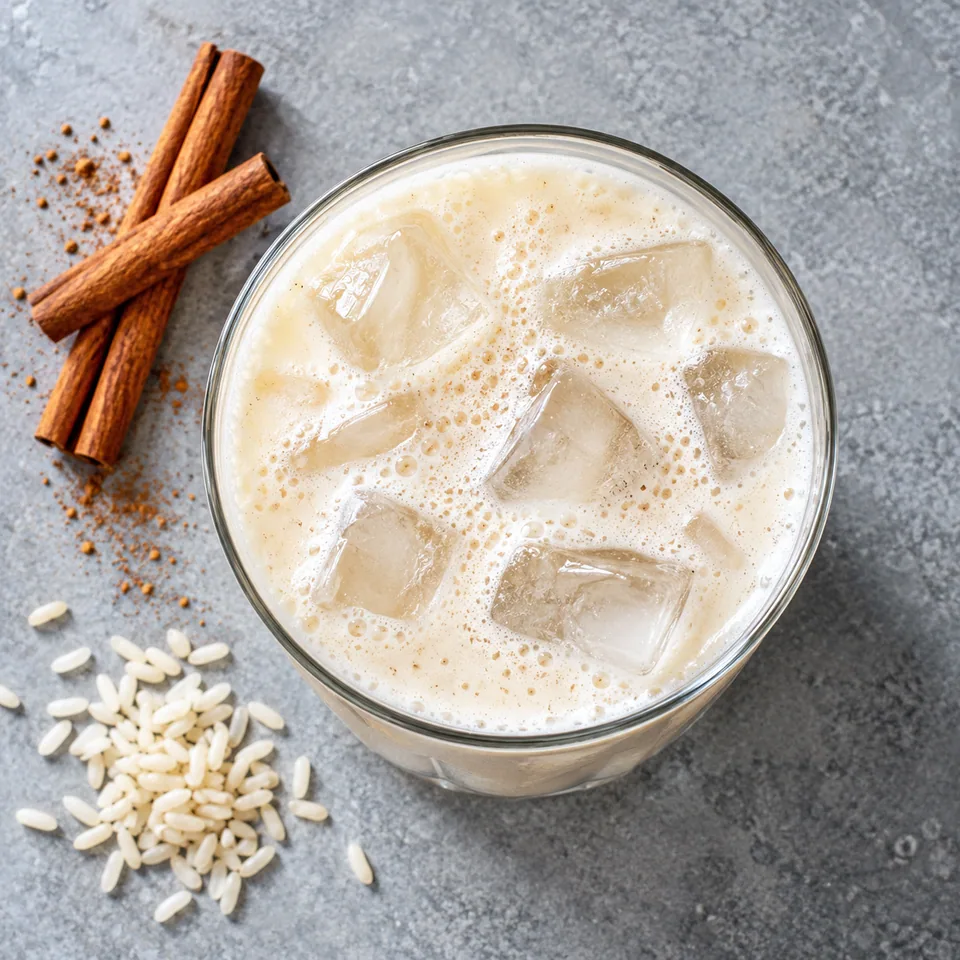 Un grand verre transparent rempli d'horchata glacée blanche et onctueuse sur des glaçons.