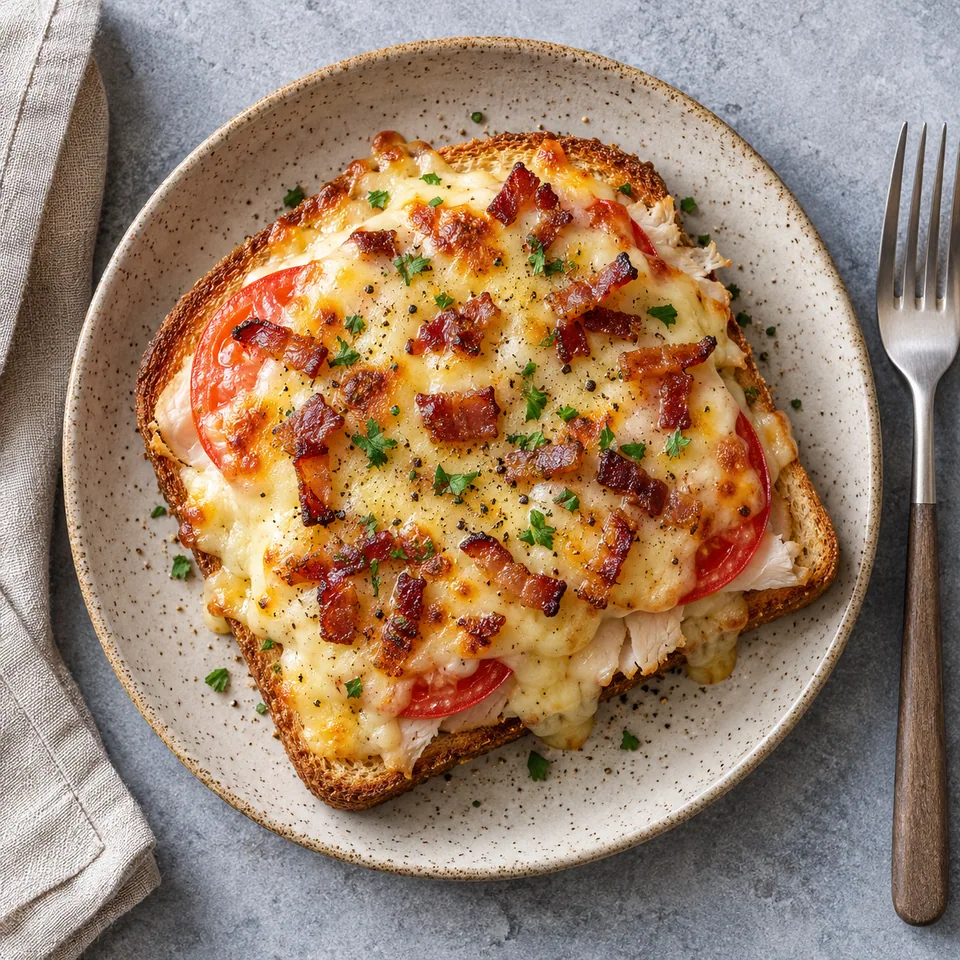 Hot brown de dinde : pain toasté, dinde, tomate, sauce fromage dorée et bacon croustillant sur assiette beige.