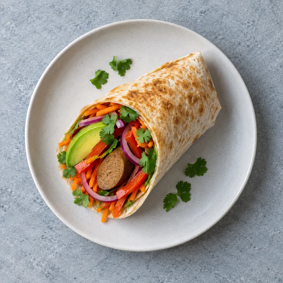 Moitié de wrap hot-dog végétarien sur assiette, montrant avocat, carotte râpée, poivron et saucisse dans une tortilla.