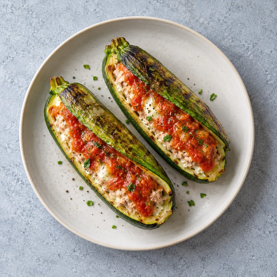 Hot-dog de courgettes au thon : deux demi-courgettes farcies à la préparation de thon et sauce tomate rouge, servies sur une assiette blanche.