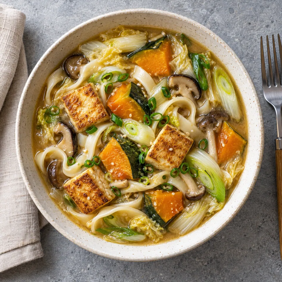 Hōtō, soupe de nouilles à la courge : nouilles, tofu doré, potimarron orange, poireau et champignons dans un bouillon miso.