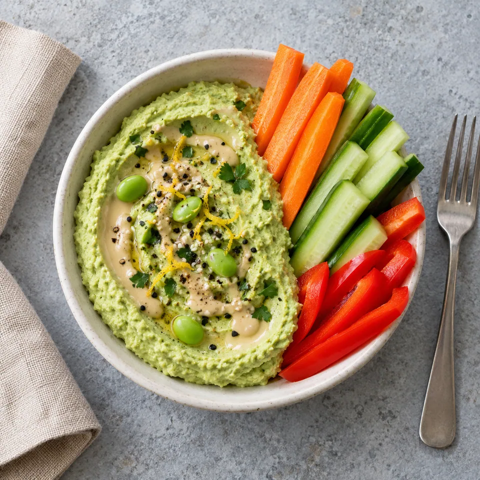 Houmous d’edamame au citron dans un bol blanc, accompagné de bâtonnets de légumes colorés (carotte, concombre, poivron).