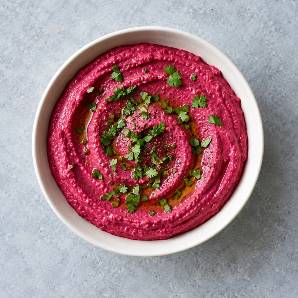 Houmous de betterave rose vif dans un bol blanc, garni de coriandre verte fraîche.